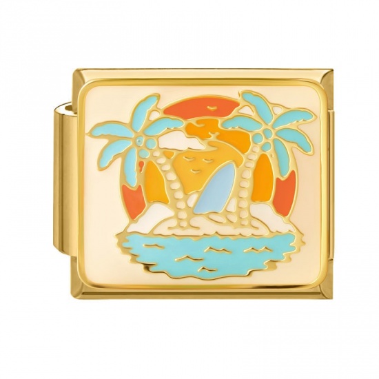 Picture of 1 Piece 304 Stainless Steel Oil Painting Style Italian Charm Links For DIY Bracelet Jewelry Making Wholesale Gold Plated Multicolor Rectangle Coconut Palm Tree Enamel 10mm x 9mm
