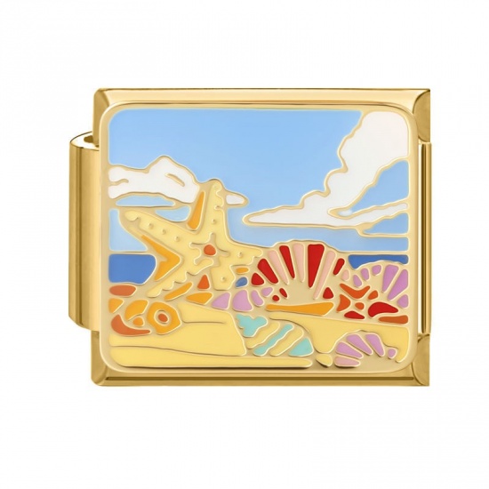 Picture of 1 Piece 304 Stainless Steel Oil Painting Style Italian Charm Links For DIY Bracelet Jewelry Making Wholesale Gold Plated Multicolor Rectangle Marine Animal Enamel 10mm x 9mm