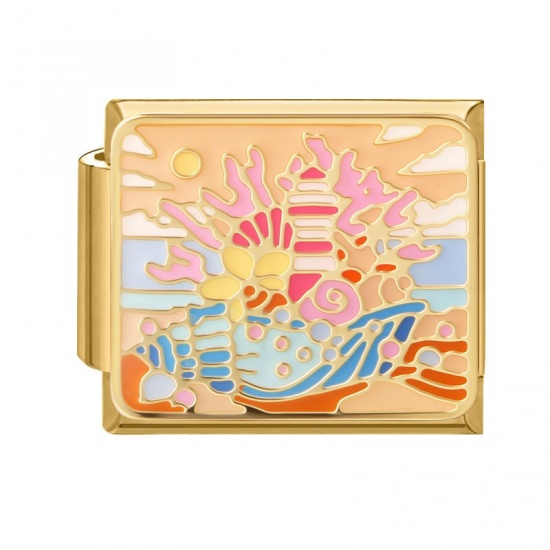 Picture of 1 Piece 304 Stainless Steel Oil Painting Style Italian Charm Links For DIY Bracelet Jewelry Making Wholesale Gold Plated Multicolor Rectangle Coralline Enamel 10mm x 9mm
