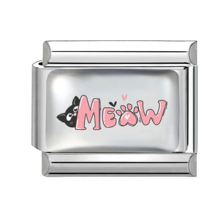 Picture of 1 Piece 304 Stainless Steel Italian Charm Links For DIY Bracelet Jewelry Making Wholesale Silver Tone Pink Rectangle Cat 10mm x 9mm