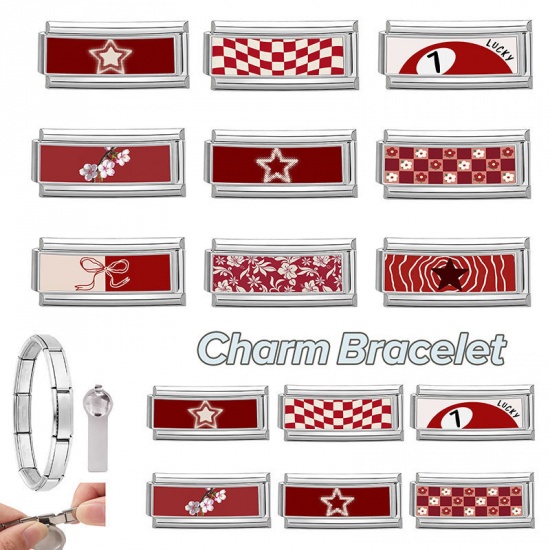 Picture of 1 Piece 304 Stainless Steel Italian Charm Links For DIY Bracelet Jewelry Making Wholesale Silver Tone Red Rectangle Bowknot 20mm x 9mm