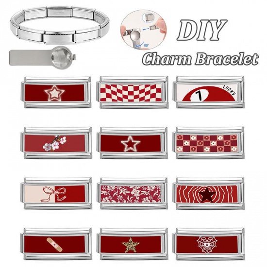 Picture of 1 Piece 304 Stainless Steel Italian Charm Links For DIY Bracelet Jewelry Making Wholesale Silver Tone Red Rectangle Bowknot 20mm x 9mm
