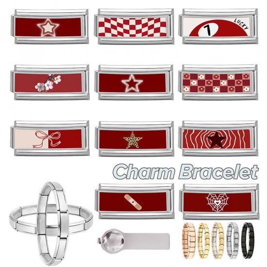 Picture of 1 Piece 304 Stainless Steel Italian Charm Links For DIY Bracelet Jewelry Making Wholesale Silver Tone Red Rectangle Bowknot 20mm x 9mm