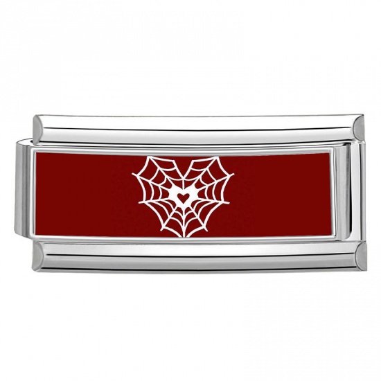 Picture of 1 Piece 304 Stainless Steel Italian Charm Links For DIY Bracelet Jewelry Making Wholesale Silver Tone Red Rectangle Halloween Cobweb 20mm x 9mm