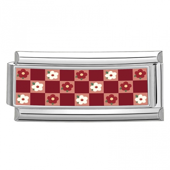 Picture of 1 Piece 304 Stainless Steel Italian Charm Links For DIY Bracelet Jewelry Making Wholesale Silver Tone Red Rectangle Flower 20mm x 9mm