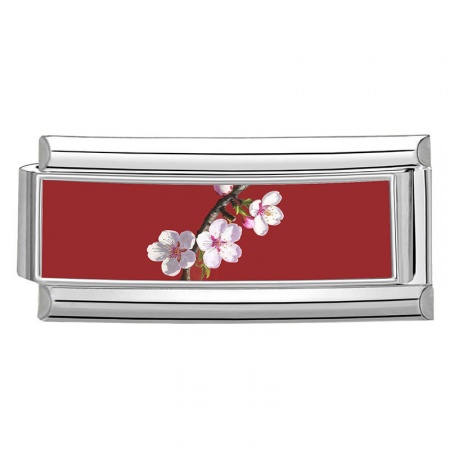 Picture of 1 Piece 304 Stainless Steel Italian Charm Links For DIY Bracelet Jewelry Making Wholesale Silver Tone Red Rectangle Peach Blossom Flower 20mm x 9mm