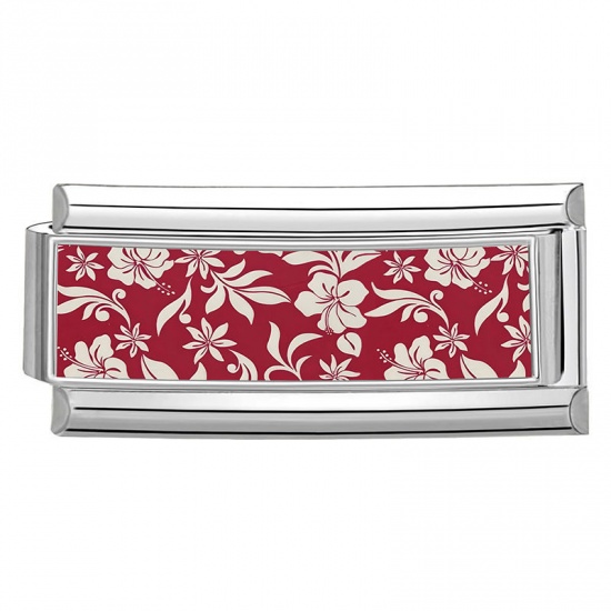Picture of 1 Piece 304 Stainless Steel Italian Charm Links For DIY Bracelet Jewelry Making Wholesale Silver Tone Red Rectangle Flower 20mm x 9mm