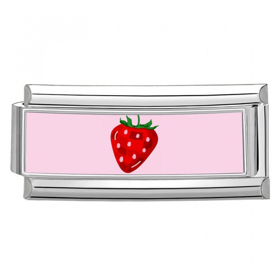 Picture of 1 Piece 304 Stainless Steel Italian Charm Links For DIY Bracelet Jewelry Making Wholesale Silver Tone Light Pink Rectangle Strawberry Fruit 20mm x 9mm