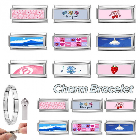 Picture of 1 Piece 304 Stainless Steel Italian Charm Links For DIY Bracelet Jewelry Making Wholesale Silver Tone Light Pink Rectangle Strawberry Fruit 20mm x 9mm