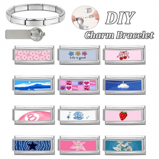 Picture of 1 Piece 304 Stainless Steel Italian Charm Links For DIY Bracelet Jewelry Making Wholesale Silver Tone Light Pink Rectangle Strawberry Fruit 20mm x 9mm