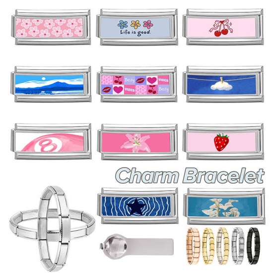 Picture of 1 Piece 304 Stainless Steel Italian Charm Links For DIY Bracelet Jewelry Making Wholesale Silver Tone Light Pink Rectangle Strawberry Fruit 20mm x 9mm