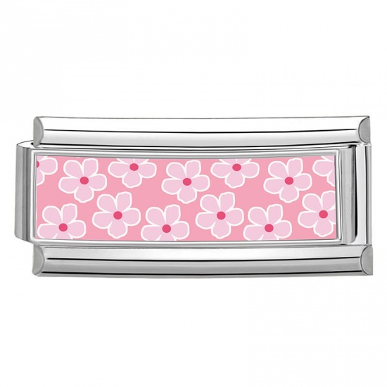 Picture of 1 Piece 304 Stainless Steel Italian Charm Links For DIY Bracelet Jewelry Making Wholesale Silver Tone Pink Rectangle Flower 20mm x 9mm