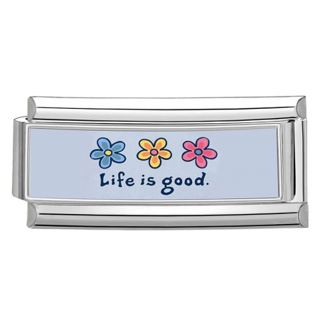 Picture of 1 Piece 304 Stainless Steel Italian Charm Links For DIY Bracelet Jewelry Making Wholesale Silver Tone Light Blue Rectangle Flower Message " Life is good " 20mm x 9mm