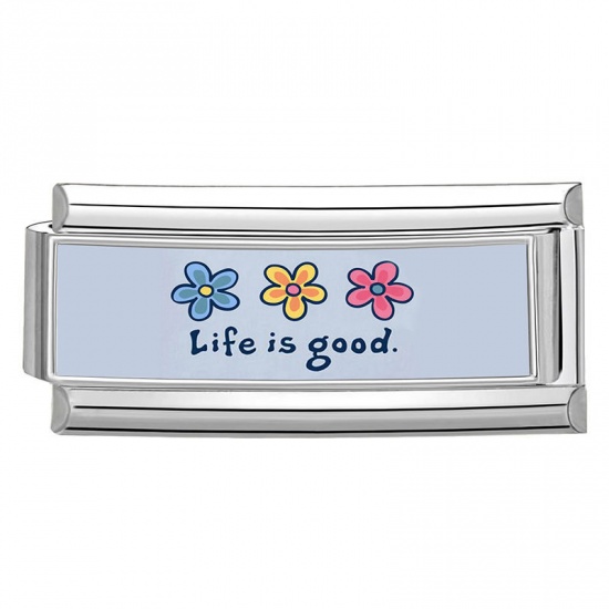 Picture of 1 Piece 304 Stainless Steel Italian Charm Links For DIY Bracelet Jewelry Making Wholesale Silver Tone Light Blue Rectangle Flower Message " Life is good " 20mm x 9mm