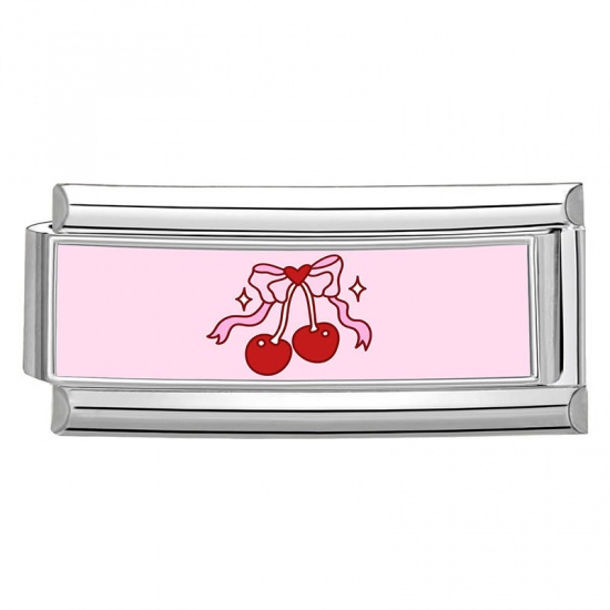 Picture of 1 Piece 304 Stainless Steel Italian Charm Links For DIY Bracelet Jewelry Making Wholesale Silver Tone Pink Rectangle Cherry Fruit 20mm x 9mm
