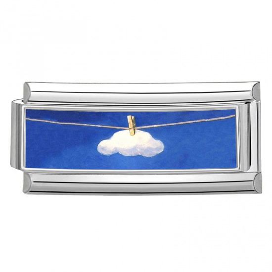 Picture of 1 Piece 304 Stainless Steel Italian Charm Links For DIY Bracelet Jewelry Making Wholesale Silver Tone Dark Blue Rectangle Cloud 20mm x 9mm