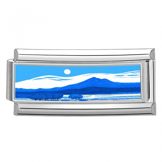 Picture of 1 Piece 304 Stainless Steel Italian Charm Links For DIY Bracelet Jewelry Making Wholesale Silver Tone Blue Rectangle Mountain 20mm x 9mm