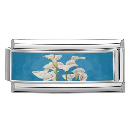 Picture of 1 Piece 304 Stainless Steel Italian Charm Links For DIY Bracelet Jewelry Making Wholesale Silver Tone Blue Rectangle Flower 20mm x 9mm