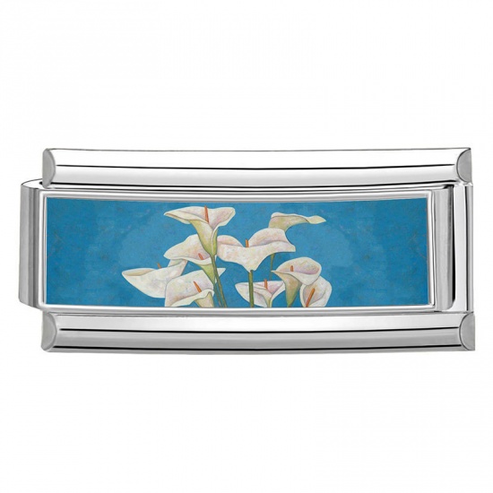 Picture of 1 Piece 304 Stainless Steel Italian Charm Links For DIY Bracelet Jewelry Making Wholesale Silver Tone Blue Rectangle Flower 20mm x 9mm