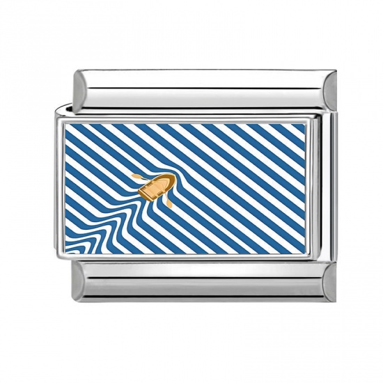 Picture of 1 Piece 304 Stainless Steel Italian Charm Links For DIY Bracelet Jewelry Making Wholesale Silver Tone Blue Rectangle Boat 10mm x 9mm