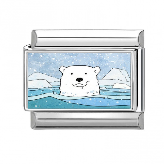 Picture of 1 Piece 304 Stainless Steel Italian Charm Links For DIY Bracelet Jewelry Making Wholesale Silver Tone White Rectangle Bear 10mm x 9mm