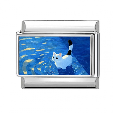 Picture of 1 Piece 304 Stainless Steel Italian Charm Links For DIY Bracelet Jewelry Making Wholesale Silver Tone Blue Rectangle Cat 10mm x 9mm