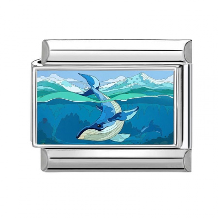 Picture of 1 Piece 304 Stainless Steel Italian Charm Links For DIY Bracelet Jewelry Making Wholesale Silver Tone Blue Rectangle Whale Animal 10mm x 9mm