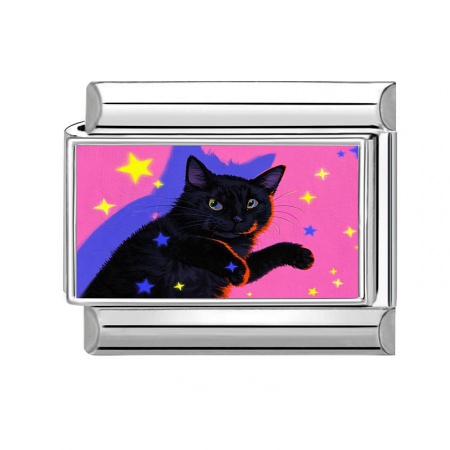 Picture of 1 Piece 304 Stainless Steel Italian Charm Links For DIY Bracelet Jewelry Making Wholesale Silver Tone Fuchsia Rectangle Cat 10mm x 9mm