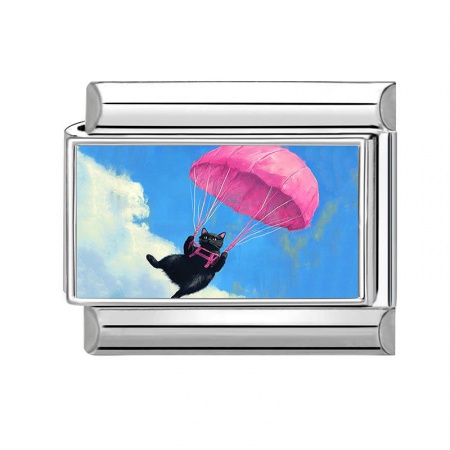 Picture of 1 Piece 304 Stainless Steel Italian Charm Links For DIY Bracelet Jewelry Making Wholesale Silver Tone Black Rectangle Cat 10mm x 9mm