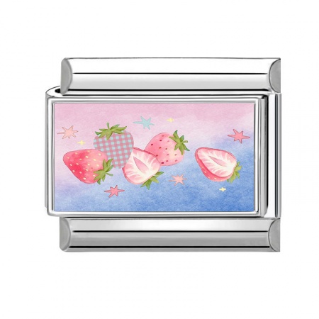 Picture of 1 Piece 304 Stainless Steel Italian Charm Links For DIY Bracelet Jewelry Making Wholesale Silver Tone Pink Rectangle Strawberry Fruit 10mm x 9mm