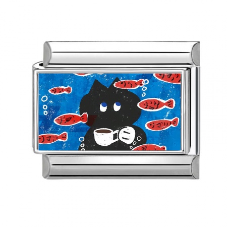 Picture of 1 Piece 304 Stainless Steel Italian Charm Links For DIY Bracelet Jewelry Making Wholesale Silver Tone Black Rectangle Cat 10mm x 9mm