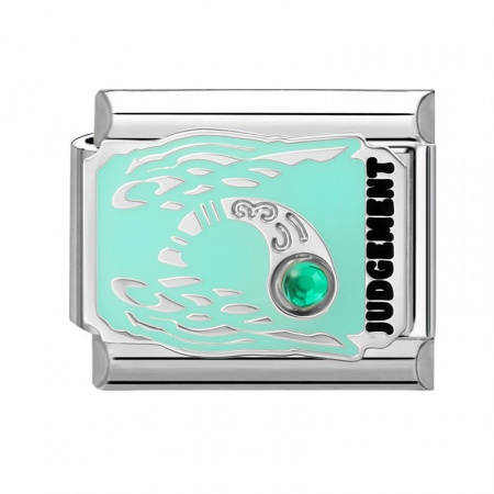 Picture of 1 Piece 304 Stainless Steel Tarot Italian Charm Links For DIY Bracelet Jewelry Making Wholesale Silver Tone Mint Green Enamel Rectangle Message " JUDGEMENT " 10mm x 9mm