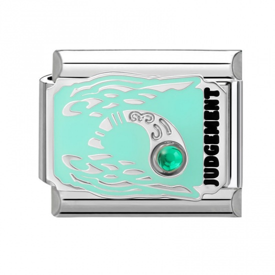 Picture of 1 Piece 304 Stainless Steel Tarot Italian Charm Links For DIY Bracelet Jewelry Making Wholesale Silver Tone Mint Green Enamel Rectangle Message " JUDGEMENT " 10mm x 9mm