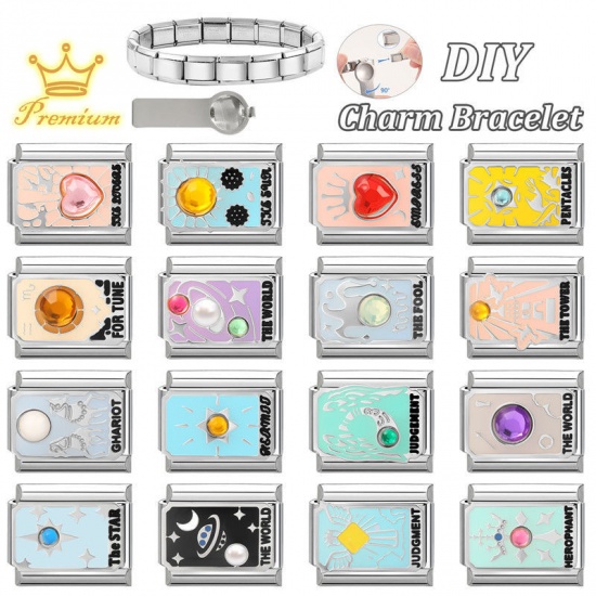 Picture of 1 Piece 304 Stainless Steel Tarot Italian Charm Links For DIY Bracelet Jewelry Making Wholesale Silver Tone Mint Green Enamel Rectangle Message " JUDGEMENT " 10mm x 9mm