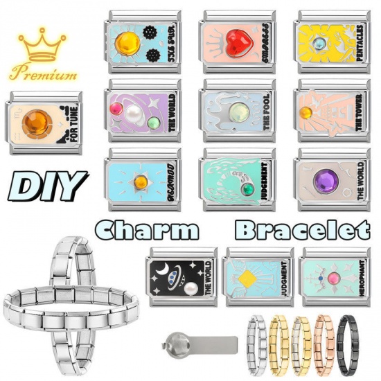 Picture of 1 Piece 304 Stainless Steel Tarot Italian Charm Links For DIY Bracelet Jewelry Making Wholesale Silver Tone Mint Green Enamel Rectangle Message " JUDGEMENT " 10mm x 9mm