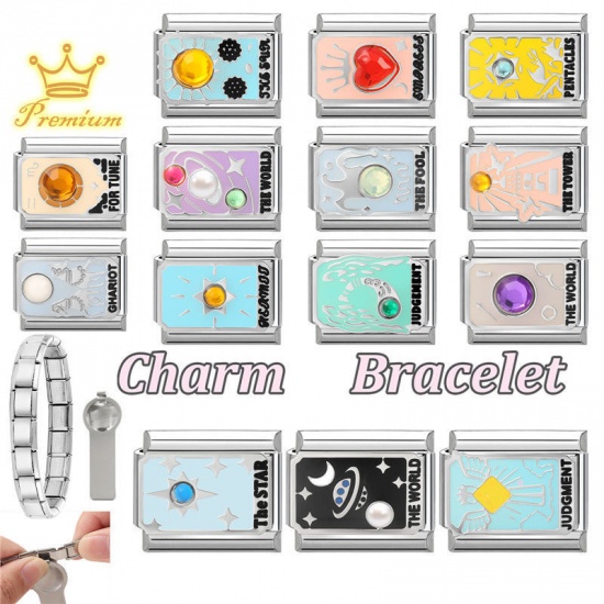 Picture of 1 Piece 304 Stainless Steel Tarot Italian Charm Links For DIY Bracelet Jewelry Making Wholesale Silver Tone Mint Green Enamel Rectangle Message " JUDGEMENT " 10mm x 9mm