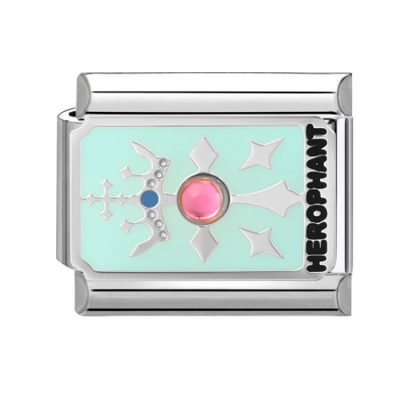 Picture of 1 Piece 304 Stainless Steel Tarot Italian Charm Links For DIY Bracelet Jewelry Making Wholesale Silver Tone Mint Green Enamel Rectangle Message " THE HIEROPHANT " 10mm x 9mm