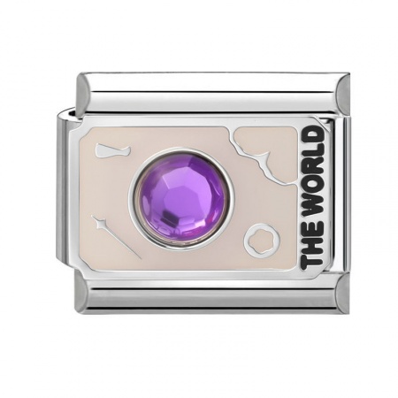 Picture of 1 Piece 304 Stainless Steel Tarot Italian Charm Links For DIY Bracelet Jewelry Making Wholesale Silver Tone Grey Beige Enamel Rectangle Message " THE WORLD " 10mm x 9mm