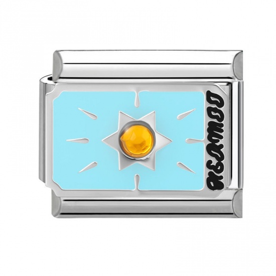 Picture of 1 Piece 304 Stainless Steel Tarot Italian Charm Links For DIY Bracelet Jewelry Making Wholesale Silver Tone Skyblue Enamel Rectangle Message " THE STAR " 10mm x 9mm