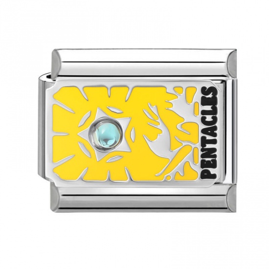 Picture of 1 Piece 304 Stainless Steel Tarot Italian Charm Links For DIY Bracelet Jewelry Making Wholesale Silver Tone Yellow Enamel Rectangle Message " Pentacles " 10mm x 9mm