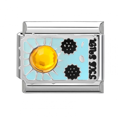 Picture of 1 Piece 304 Stainless Steel Tarot Italian Charm Links For DIY Bracelet Jewelry Making Wholesale Silver Tone Blue Enamel Rectangle Message " THE SUN " 10mm x 9mm