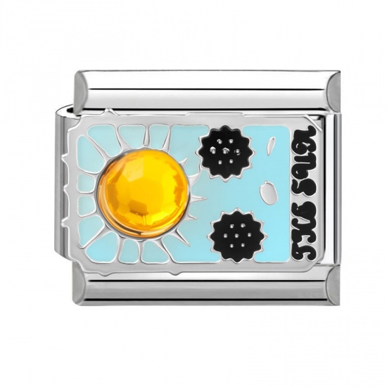 Picture of 1 Piece 304 Stainless Steel Tarot Italian Charm Links For DIY Bracelet Jewelry Making Wholesale Silver Tone Blue Enamel Rectangle Message " THE SUN " 10mm x 9mm