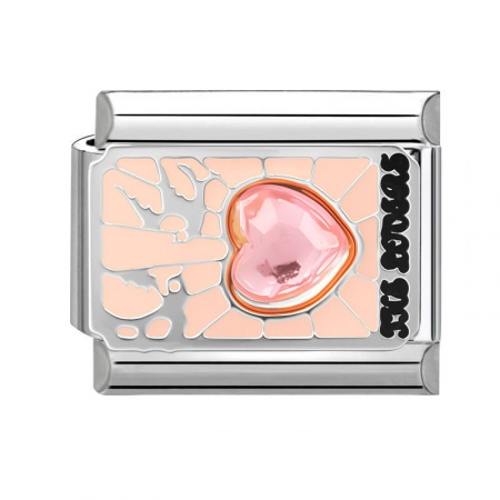 Picture of 1 Piece 304 Stainless Steel Tarot Italian Charm Links For DIY Bracelet Jewelry Making Wholesale Silver Tone Peachy Beige Enamel Rectangle Message " THE LOVERS " 10mm x 9mm