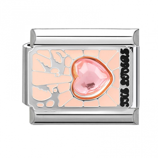 Picture of 1 Piece 304 Stainless Steel Tarot Italian Charm Links For DIY Bracelet Jewelry Making Wholesale Silver Tone Peachy Beige Enamel Rectangle Message " THE LOVERS " 10mm x 9mm