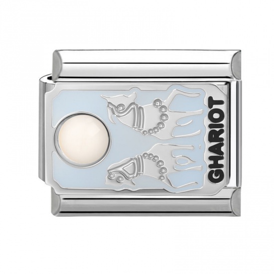 Picture of 1 Piece 304 Stainless Steel Tarot Italian Charm Links For DIY Bracelet Jewelry Making Wholesale Silver Tone French Gray Enamel Rectangle Message " THE CHARIOT " 10mm x 9mm