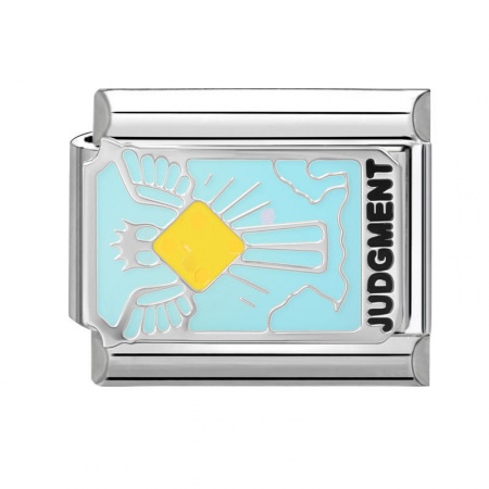 Picture of 1 Piece 304 Stainless Steel Tarot Italian Charm Links For DIY Bracelet Jewelry Making Wholesale Silver Tone Light Blue Enamel Rectangle Message " Judgment " 10mm x 9mm