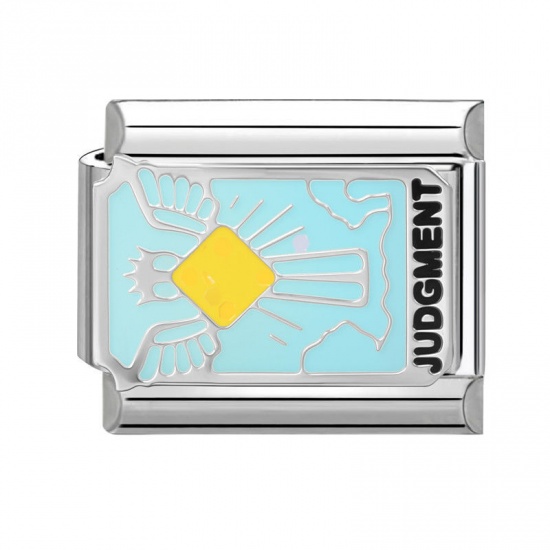 Picture of 1 Piece 304 Stainless Steel Tarot Italian Charm Links For DIY Bracelet Jewelry Making Wholesale Silver Tone Light Blue Enamel Rectangle Message " Judgment " 10mm x 9mm