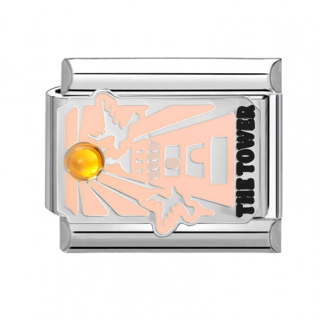 Picture of 1 Piece 304 Stainless Steel Tarot Italian Charm Links For DIY Bracelet Jewelry Making Wholesale Silver Tone Peachy Beige Enamel Rectangle Message " THE TOWER " 10mm x 9mm