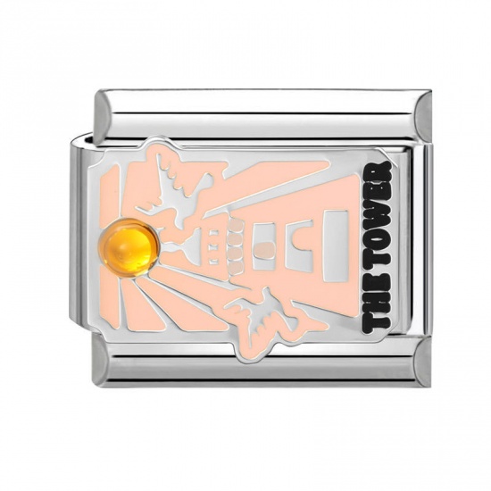 Picture of 1 Piece 304 Stainless Steel Tarot Italian Charm Links For DIY Bracelet Jewelry Making Wholesale Silver Tone Peachy Beige Enamel Rectangle Message " THE TOWER " 10mm x 9mm