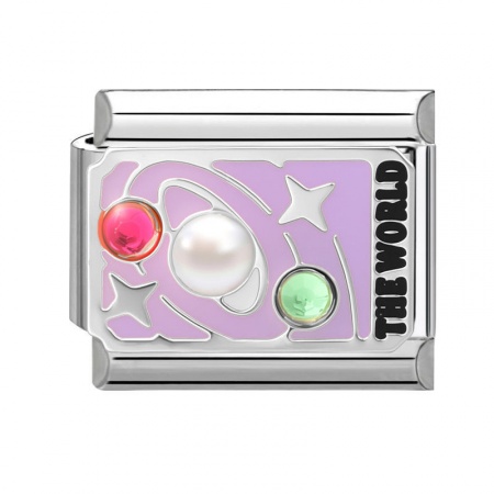Picture of 1 Piece 304 Stainless Steel Tarot Italian Charm Links For DIY Bracelet Jewelry Making Wholesale Silver Tone Purple Enamel Rectangle Message " THE WORLD " 10mm x 9mm